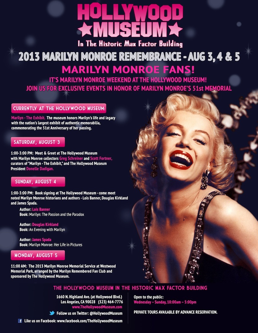 Marilyn Monroe 51st Anniversary Memorial Special Events This Weekend At The Hollywood Museum 0447